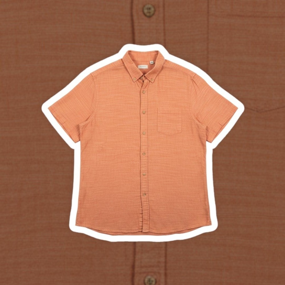 ROWM Men Short Sleeve Button Up Shirt Peach Coral Slub Textured Cotton Blend L
